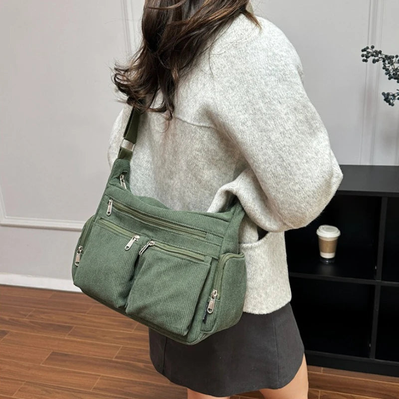Women Corduroy Crossbody Bag Large Capacity Multi Pocket Fashion Tote Shoulder Bag Satchel Casual Handbag