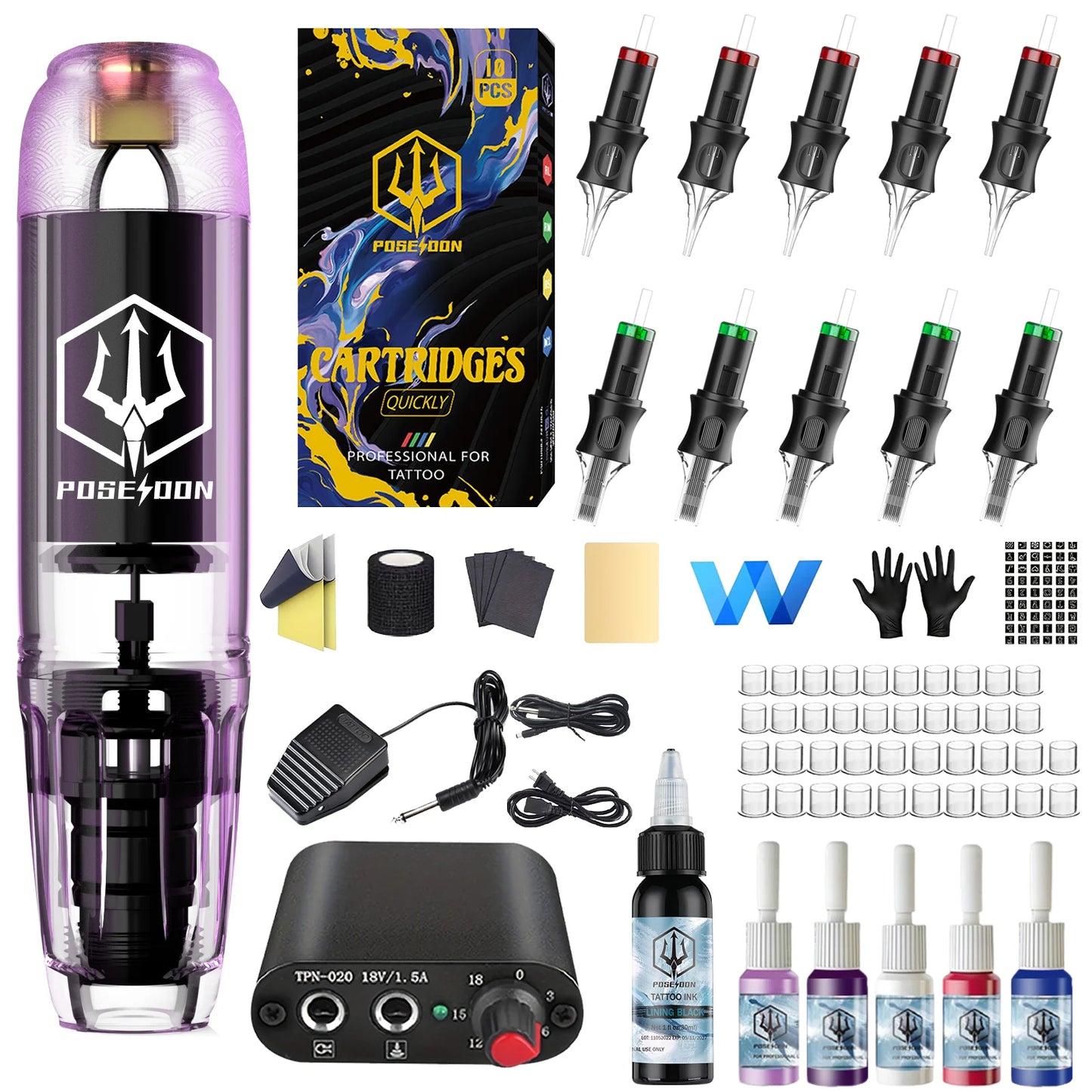 Tattoo Kit POSEIDON High Power Tattoo Pen Kit For Permanent Makeup Tattoo Machine Kit High Quality Tattoo Power Supply Tattoo Gu