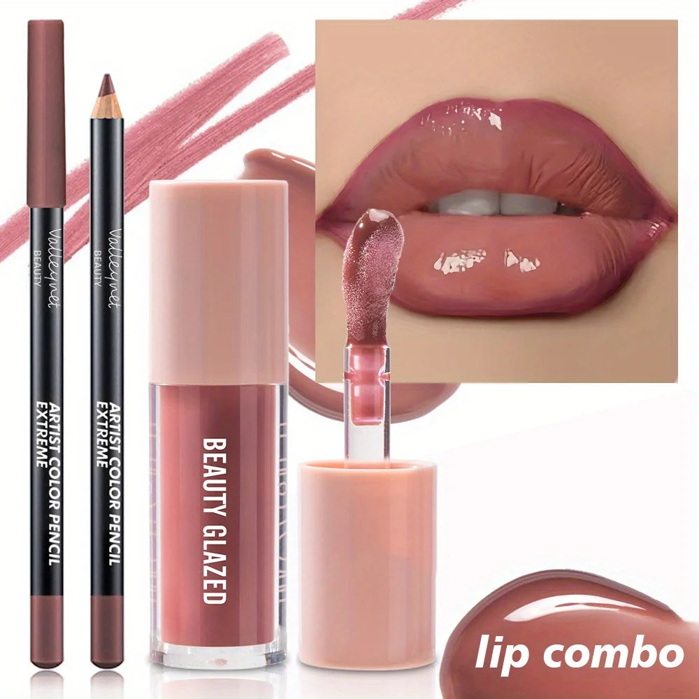 2pcs/set Velvet Texture Lip Makeup Set - Lip Liner - Lip Glaze - Waterproof Long-lasting Matte Effect, Red, Brown, Create Moistu