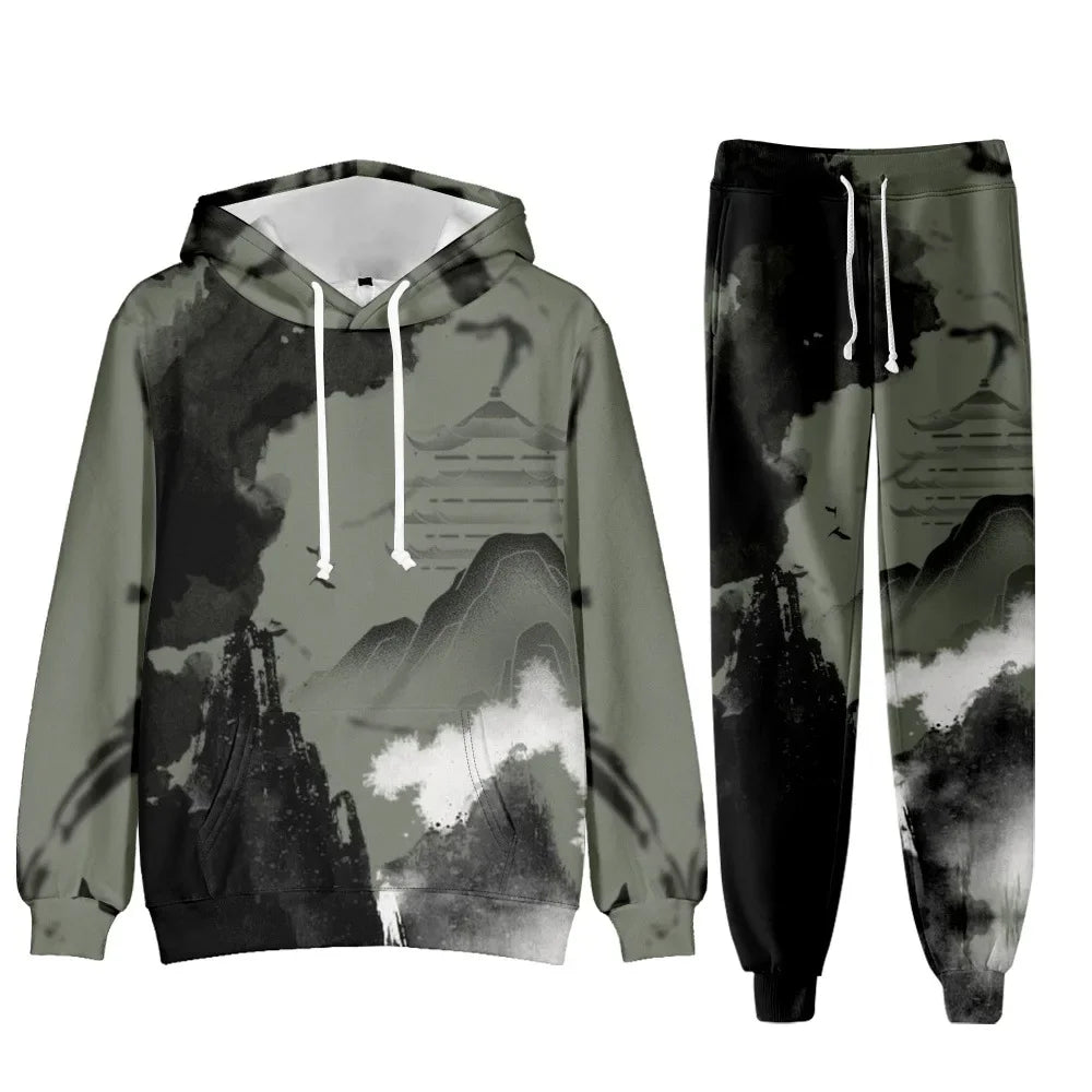 Camouflage Men Hoodie Sets 3D Print Tracksuit Set Man Hoodie + Pants 2pcs Set Outdoor Oversize Casual Men's sportswear clothing