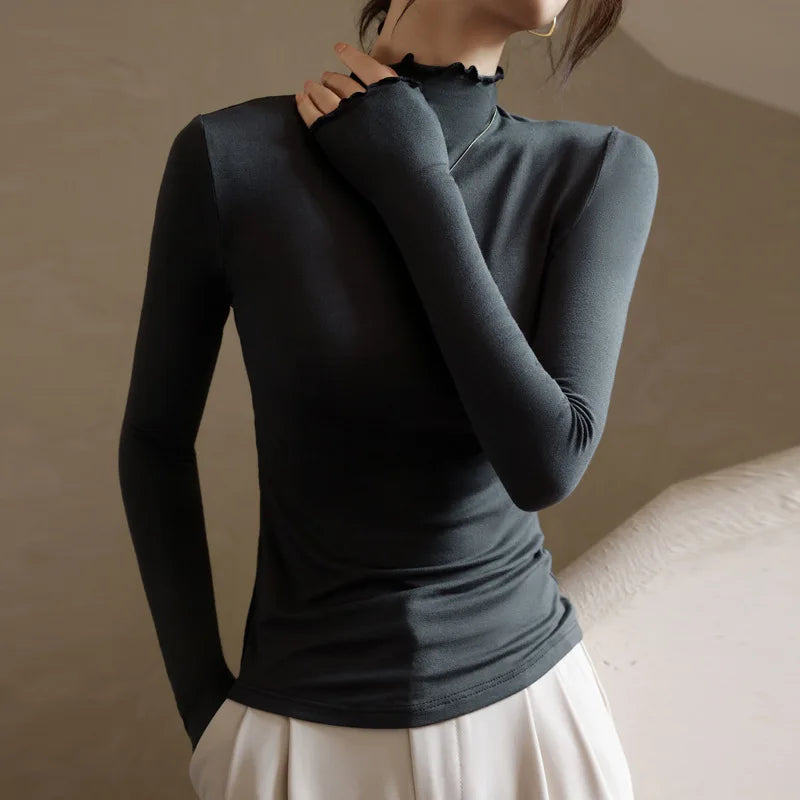 Modal Semi-turtleneck Women's Long sleeve T-shirts Fungus Edge Women Bottoming Tee Shirt Inner Long-sleeved Woman Tops Tees