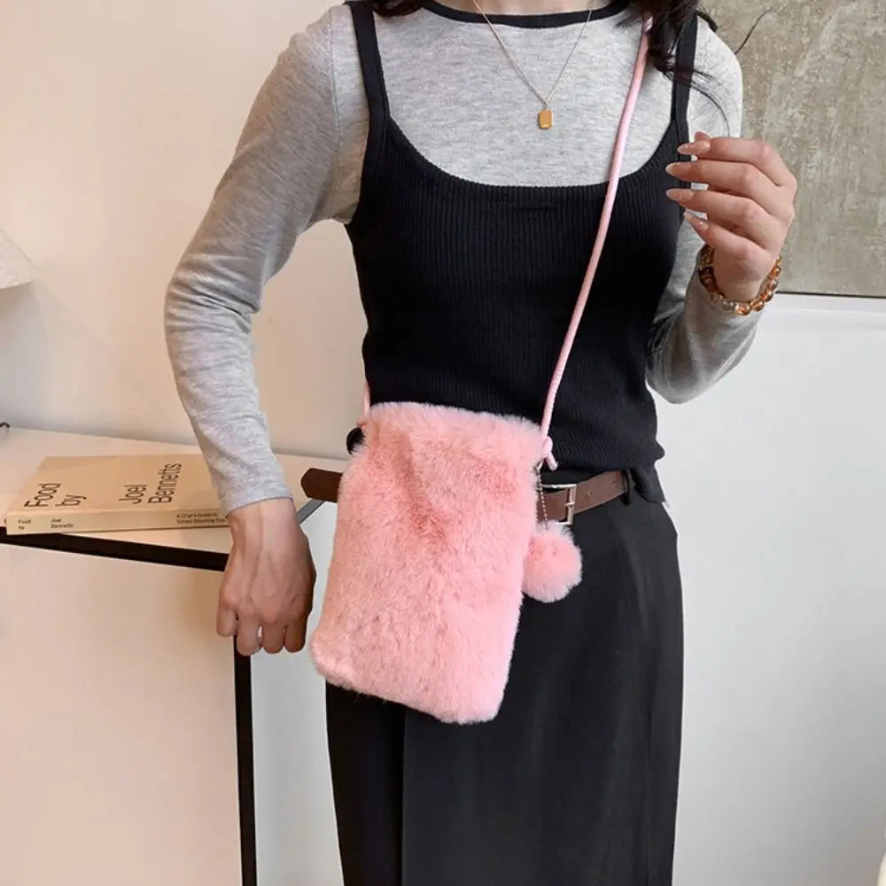 Winter  Shoulder Bag Faux Fur Soft Crossbody Phone Bag Solid Color Large Capacity Travel Purse