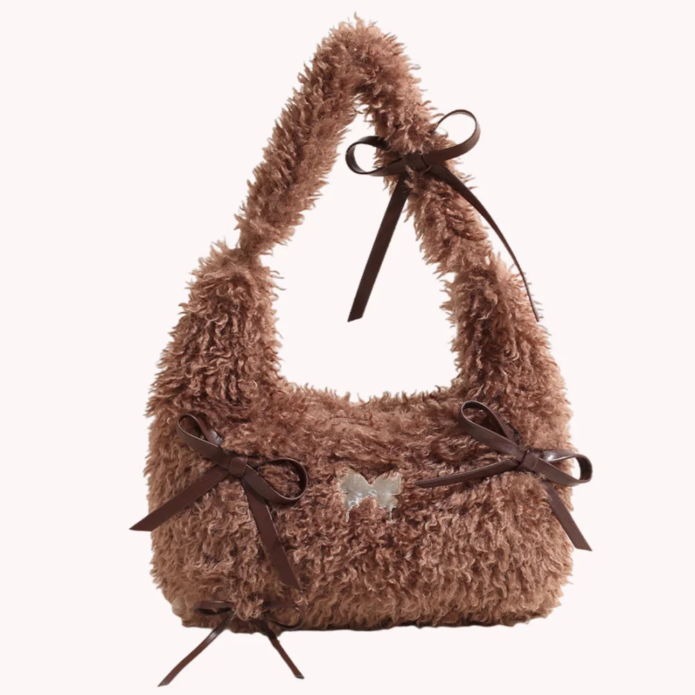 Women Plush Underarm Bag Bow Handbag with Zipper Fluffy Purse with Interior Pocket Hobo Bag Work Travel Bag