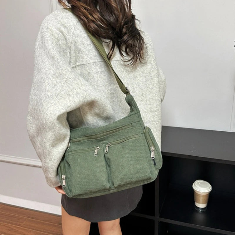 Women Corduroy Crossbody Bag Large Capacity Multi Pocket Fashion Tote Shoulder Bag Satchel Casual Handbag