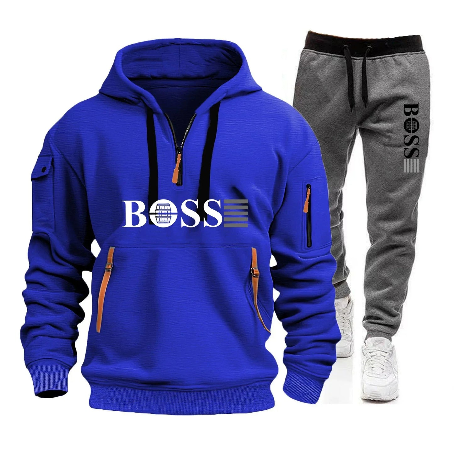 Men's Autumn and Winter New Pullovers Hoodie and Pants 2-piece Set, Outdoor Jogging Windproof Zipper Warm Men's Sportswear