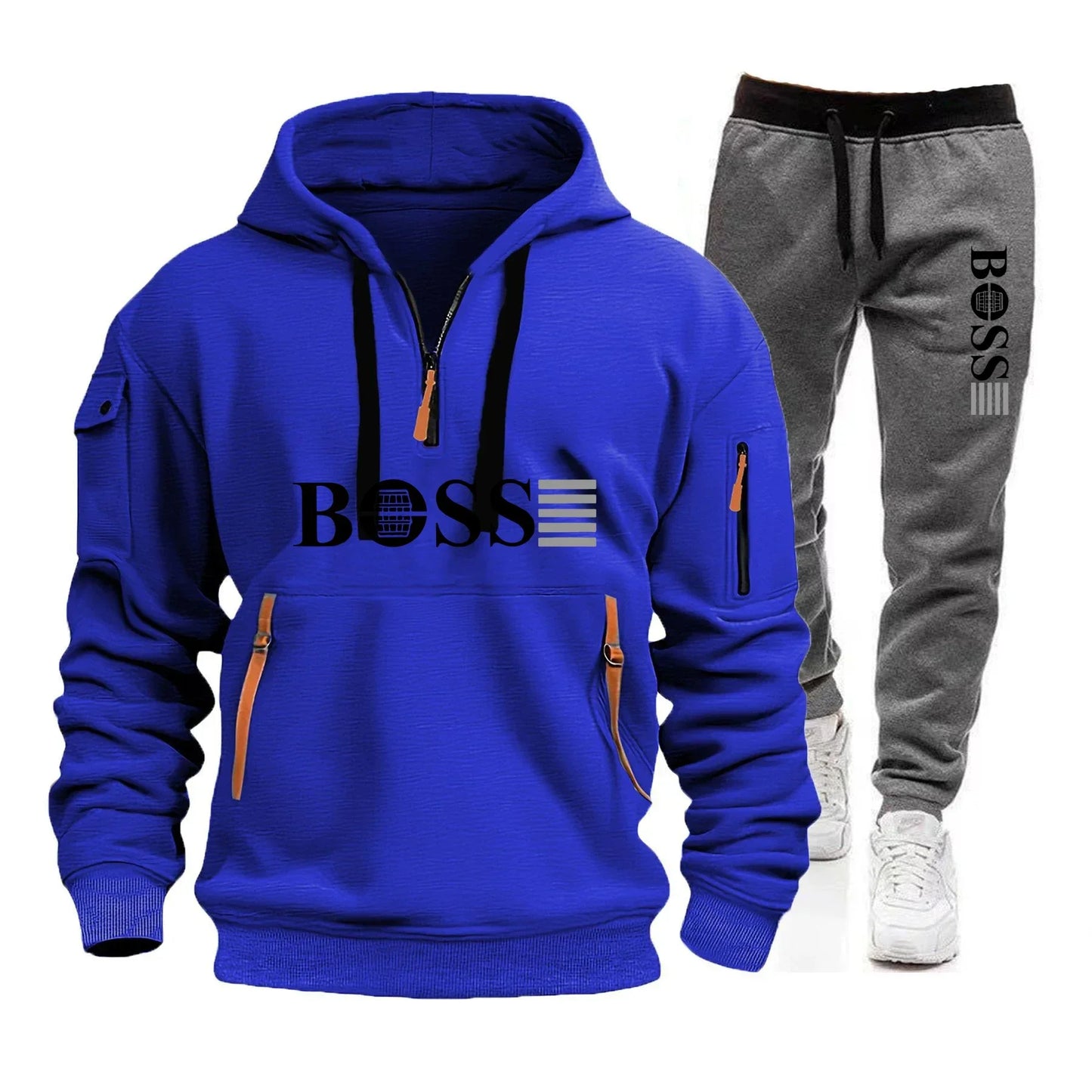 Men's Autumn and Winter New Pullovers Hoodie and Pants 2-piece Set, Outdoor Jogging Windproof Zipper Warm Men's Sportswear