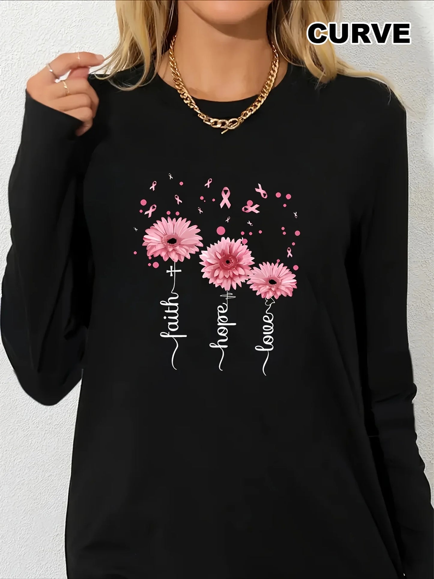 Women's Spring and Autumn 100% Cotton Fashion Casual Loose Leopard Pattern Heart Pattern Printed Round Neck Long Sleeve T-shirt