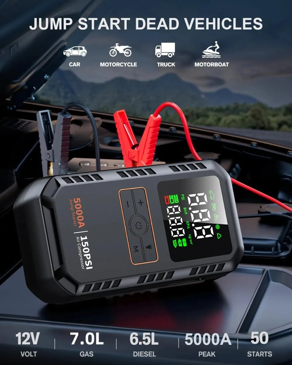 5000A 150PSI Car Jump Starter with Air Compressor Auto Tire Inflator, Large LCD Display, LED Light, for Cars, Bike & Motorcycle