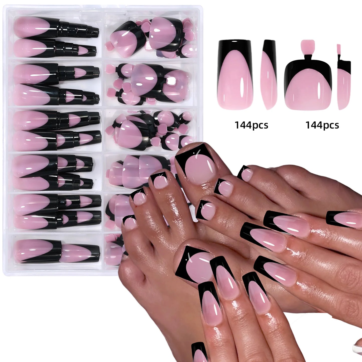 144pcs French hand and foot wear nail set summer short square shiny false toenail acrylic full coverage suitable for nail salon