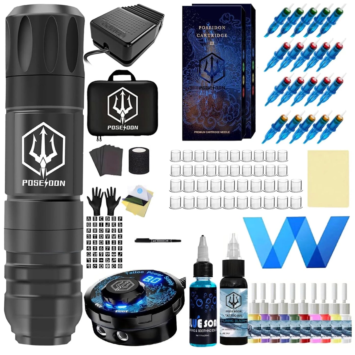 Tattoo Kit POSEIDON High Power Tattoo Pen Kit For Permanent Makeup Tattoo Machine Kit High Quality Tattoo Power Supply Tattoo Gu
