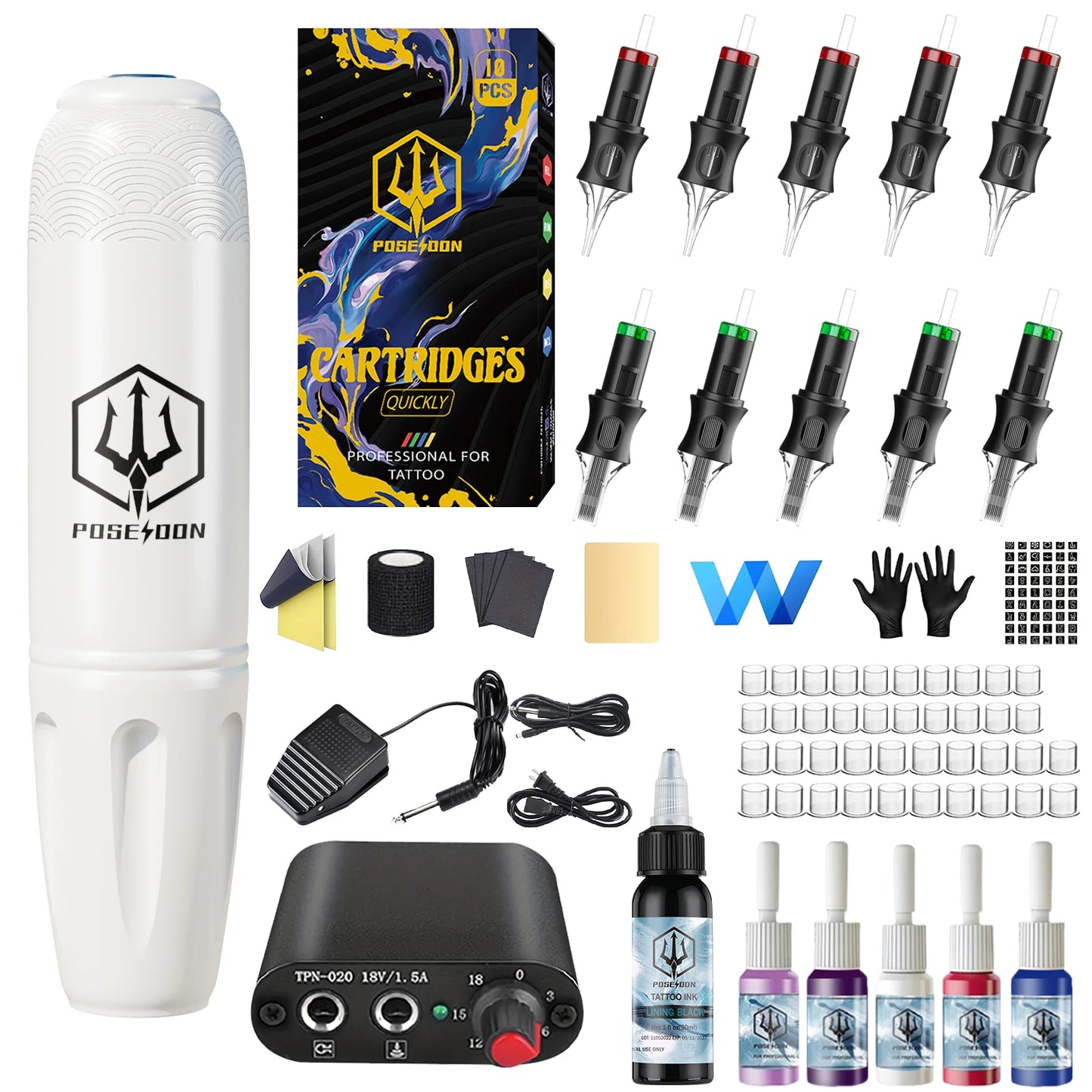 Tattoo Kit POSEIDON High Power Tattoo Pen Kit For Permanent Makeup Tattoo Machine Kit High Quality Tattoo Power Supply Tattoo Gu