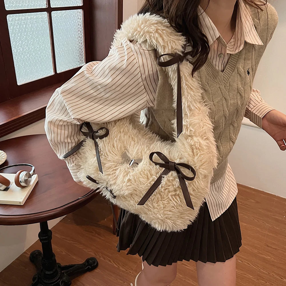 Women Plush Underarm Bag Bow Handbag with Zipper Fluffy Purse with Interior Pocket Hobo Bag Work Travel Bag