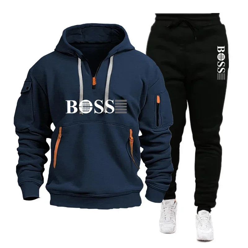 Men's Autumn and Winter New Pullovers Hoodie and Pants 2-piece Set, Outdoor Jogging Windproof Zipper Warm Men's Sportswear