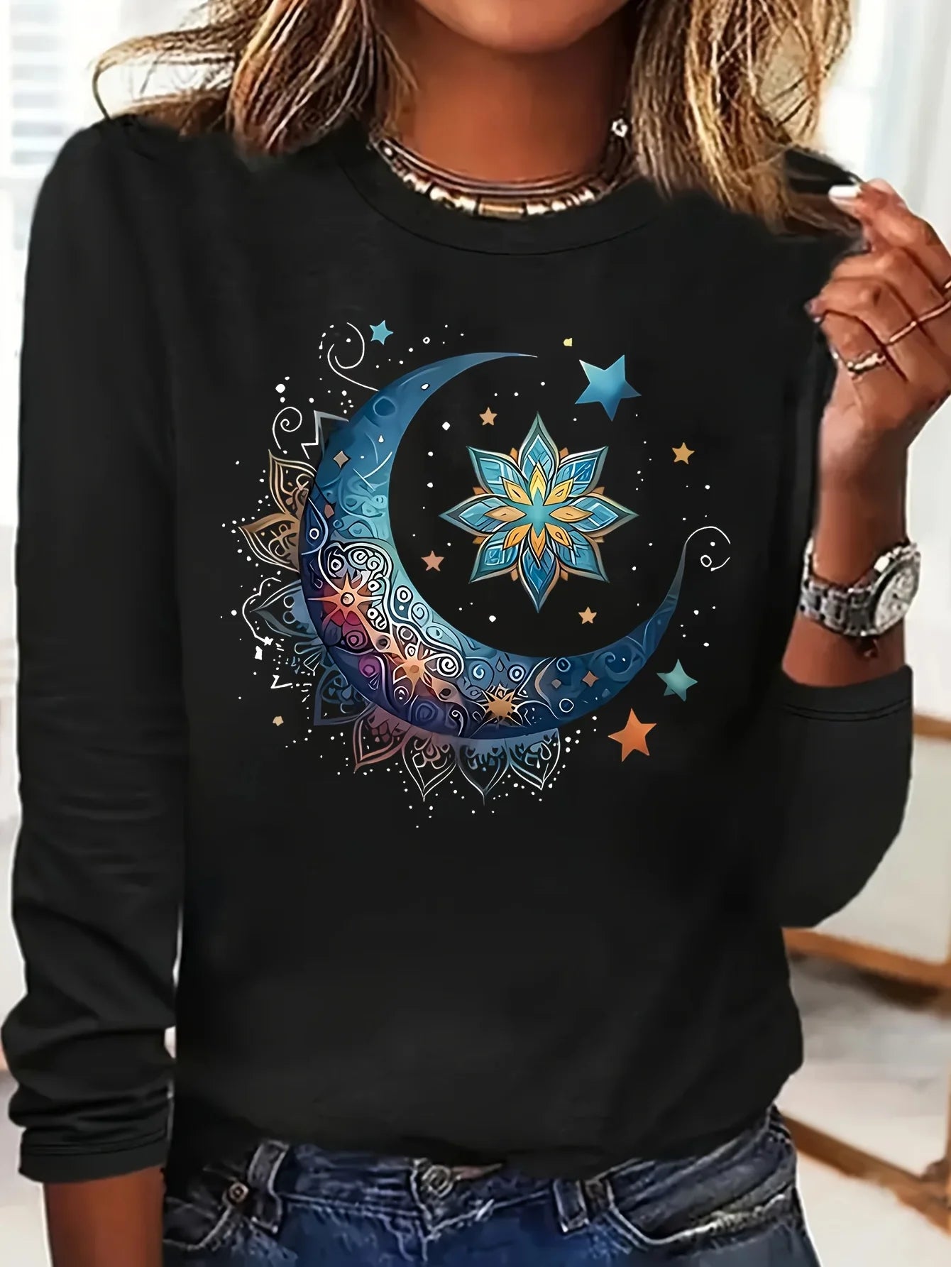 Women's Spring and Autumn 100% Cotton Fashion Casual Loose Leopard Pattern Heart Pattern Printed Round Neck Long Sleeve T-shirt