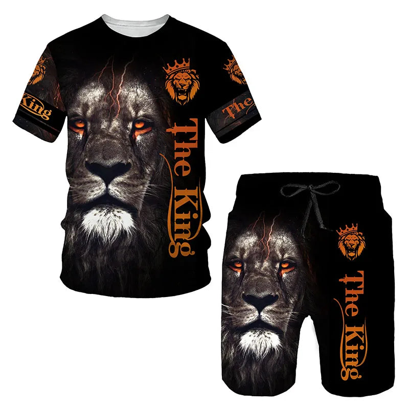 Man Summer Sportswear Set Clothes T-Shirt Shorts Jogging Sports Sets Trend Lion Tiger Printing Tracksuits Male Activewear Suit