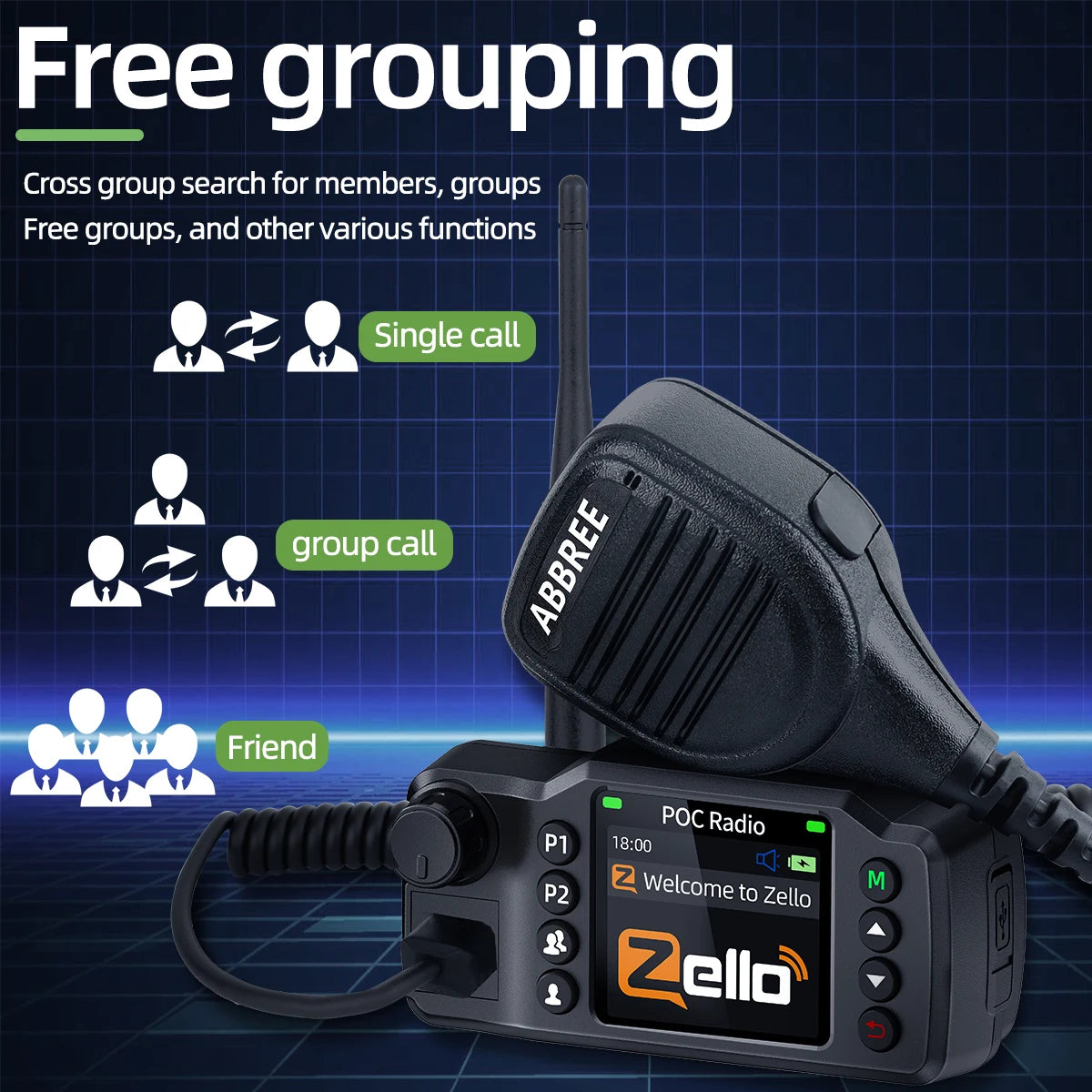ABBREE GP-8900 Plus Network Car Walkie Talkie Zello Global POC Radio GPS 3/4G Unlimited Distance Dual SIM Card Android Bluetooth