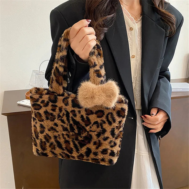 Leopard print plush Handbag Soft Fluffy Tote Bag, Stylish Shoulder Bags for Women Daily Use Friends Festivals Parties Gift