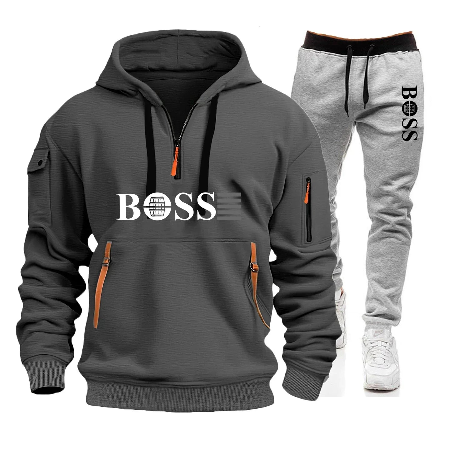 Men's Autumn and Winter New Pullovers Hoodie and Pants 2-piece Set, Outdoor Jogging Windproof Zipper Warm Men's Sportswear