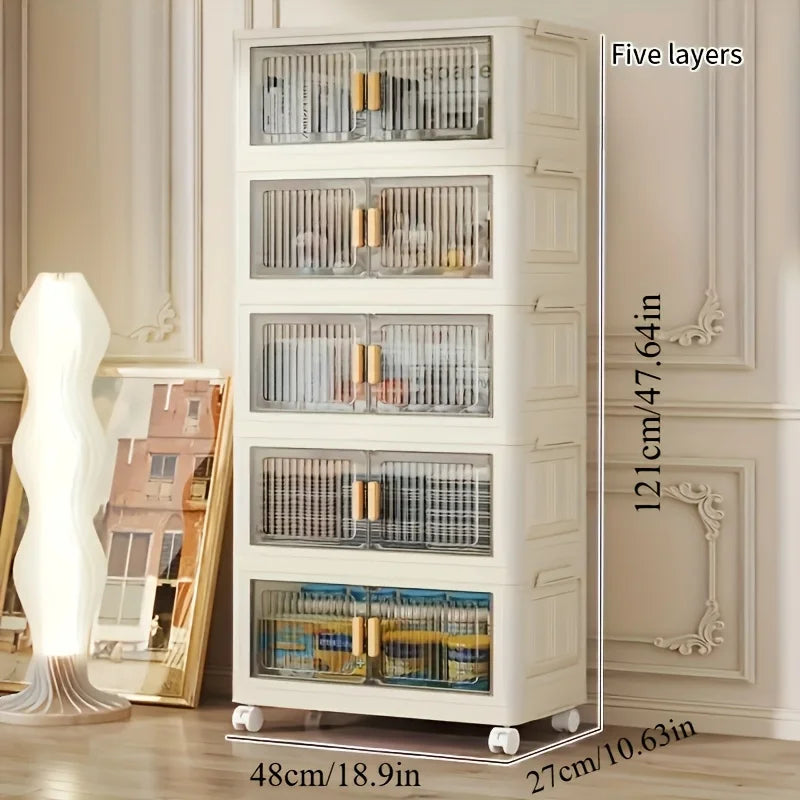 Stackable Practical Storage Cabinet with Doors and Wheels - Spacious Multi-functional Plastic Organizer - Practical Storage Rack