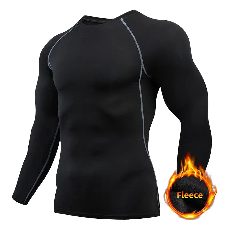 Winter Compression Running Sets Men Long Sleeve Shirt Basketball Fitness Gym Clothing Male Workout Muscle Top Tracksuit Fleece