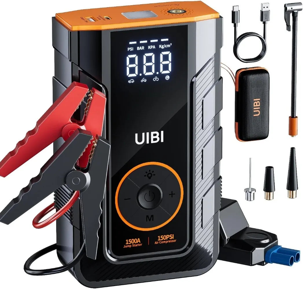 5000A 150PSI Car Jump Starter with Air Compressor Auto Tire Inflator, Large LCD Display, LED Light, for Cars, Bike & Motorcycle