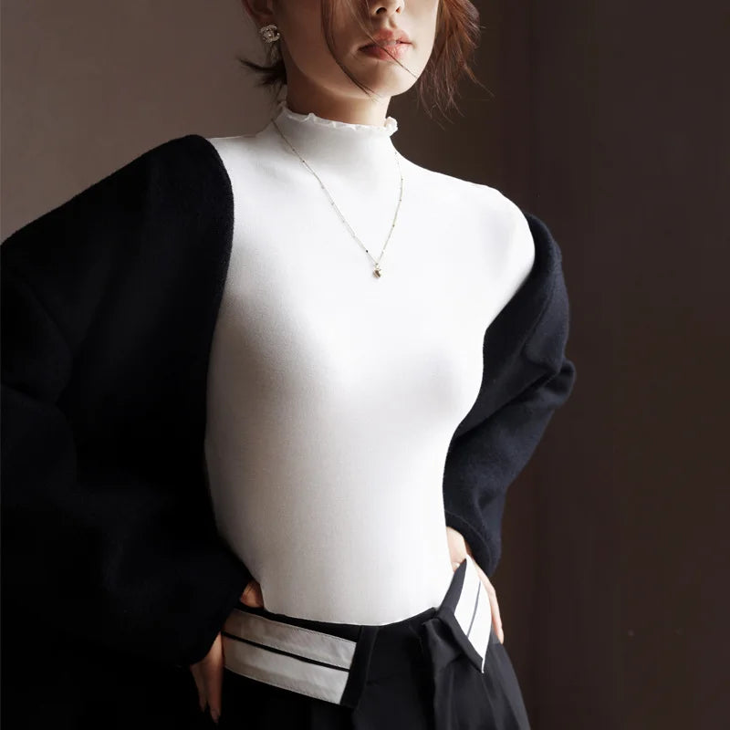 Modal Semi-turtleneck Women's Long sleeve T-shirts Fungus Edge Women Bottoming Tee Shirt Inner Long-sleeved Woman Tops Tees