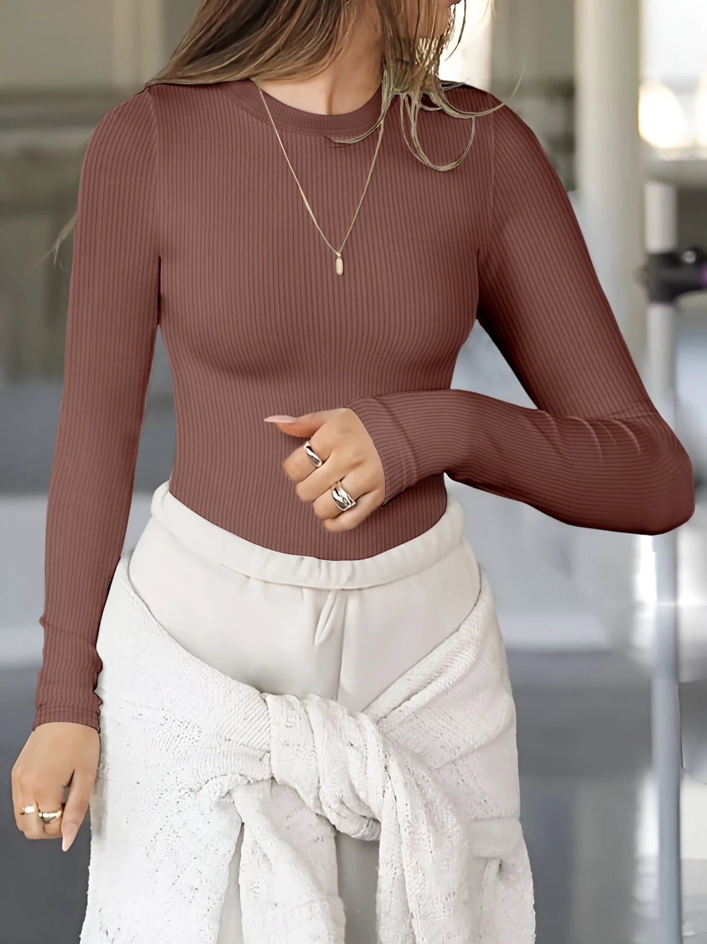 Figure Flattering Ribbed Crew Neck Top Women's Long Sleeve Slim Fit T-shirt Hide Belly & Slim Arms Soft Stretchy Basic Tee