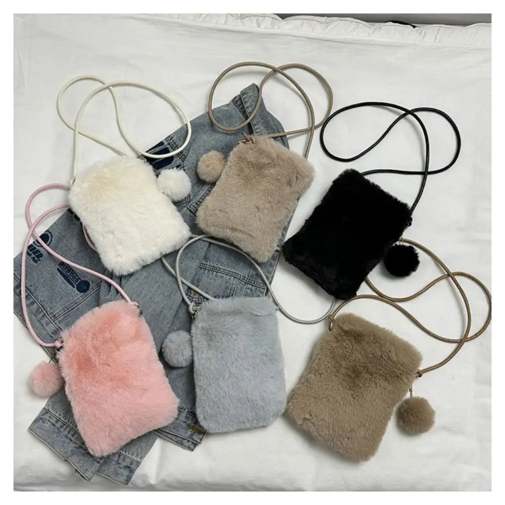 Winter  Shoulder Bag Faux Fur Soft Crossbody Phone Bag Solid Color Large Capacity Travel Purse