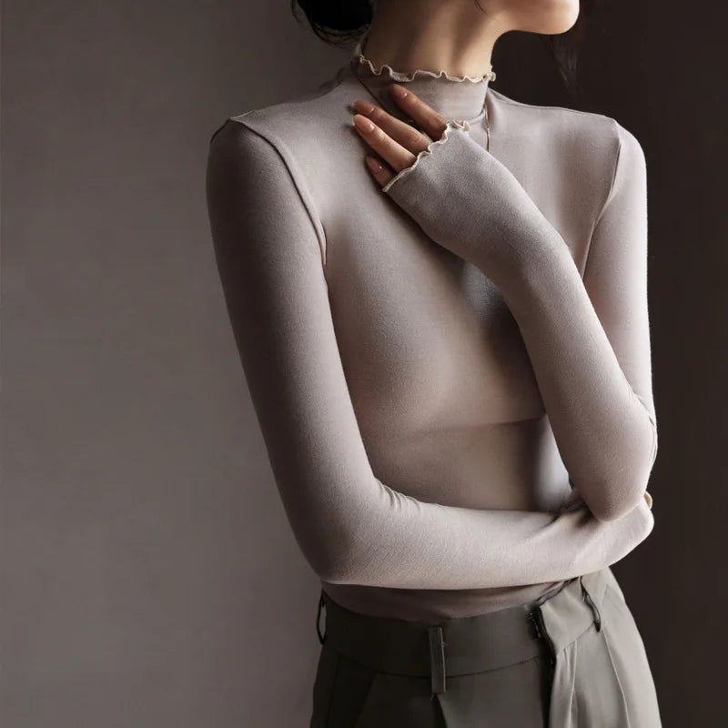 Modal Semi-turtleneck Women's Long sleeve T-shirts Fungus Edge Women Bottoming Tee Shirt Inner Long-sleeved Woman Tops Tees