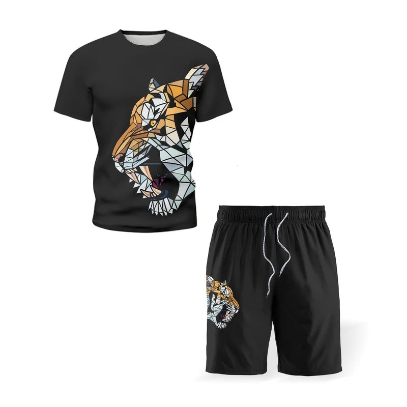 Man Summer Sportswear Set Clothes T-Shirt Shorts Jogging Sports Sets Trend Lion Tiger Printing Tracksuits Male Activewear Suit