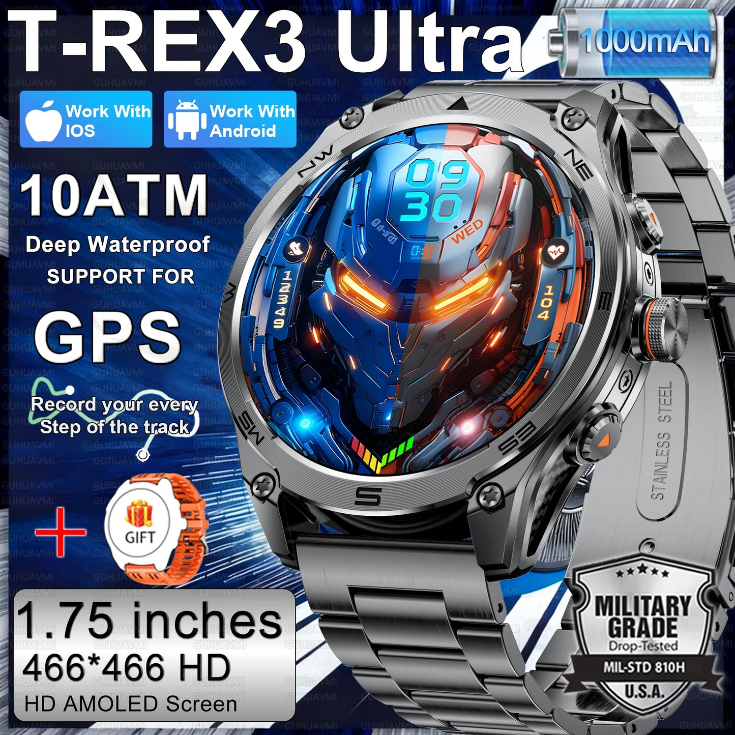 2026 New Military Smart Watch 1000Mah Battery GPS trace Compass 10ATM Waterproof Tactics Sport Flashlight call Smart Watch Men