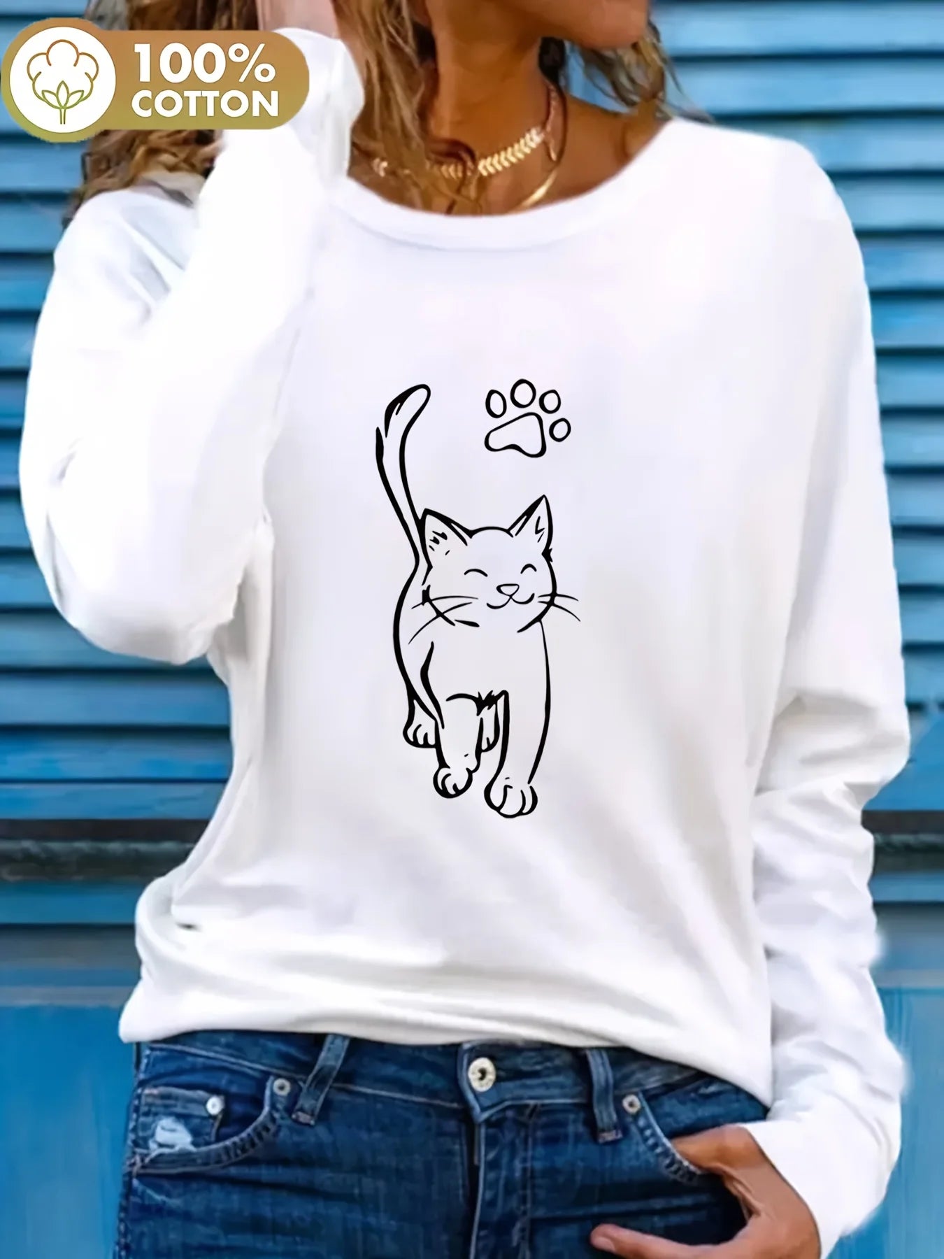 Women's Spring and Autumn 100% Cotton Fashion Casual Loose Leopard Pattern Heart Pattern Printed Round Neck Long Sleeve T-shirt