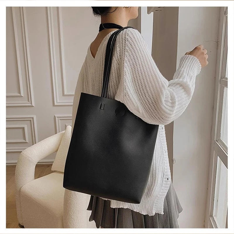 Women's Large Tote Shoulder Bag - Contains inner pocket, solid leather, large capacity, office school bag