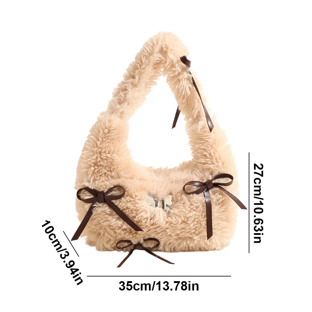 Women Plush Underarm Bag Bow Handbag with Zipper Fluffy Purse with Interior Pocket Hobo Bag Work Travel Bag