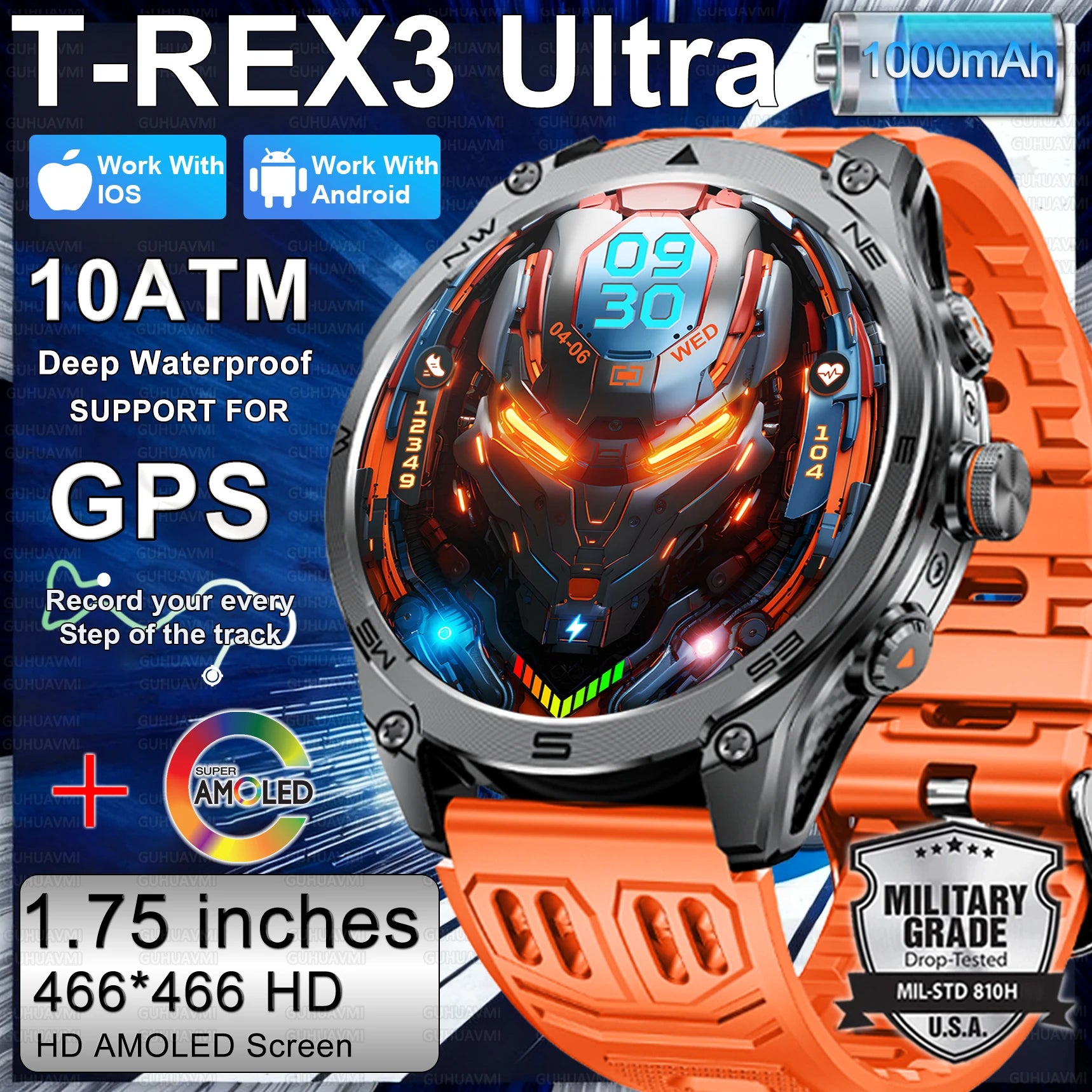 2026 New Military Smart Watch 1000Mah Battery GPS trace Compass 10ATM Waterproof Tactics Sport Flashlight call Smart Watch Men