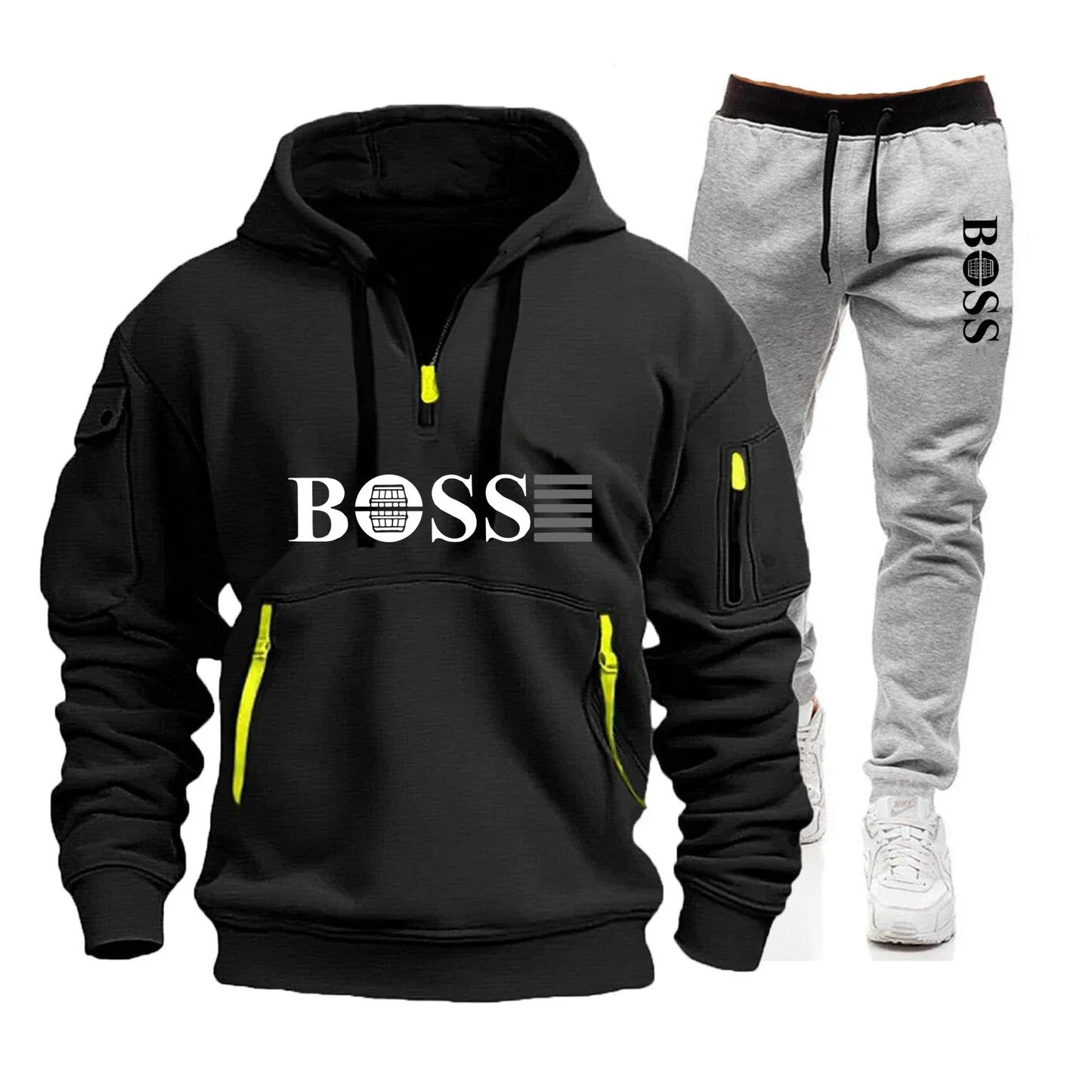 Men's Autumn and Winter New Pullovers Hoodie and Pants 2-piece Set, Outdoor Jogging Windproof Zipper Warm Men's Sportswear