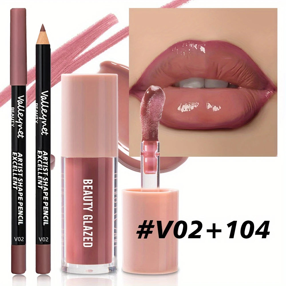 2pcs/set Velvet Texture Lip Makeup Set - Lip Liner - Lip Glaze - Waterproof Long-lasting Matte Effect, Red, Brown, Create Moistu