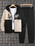 2-piece men's autumn/winter printed zip-up long-sleeved sweatshirt and sweatpants set