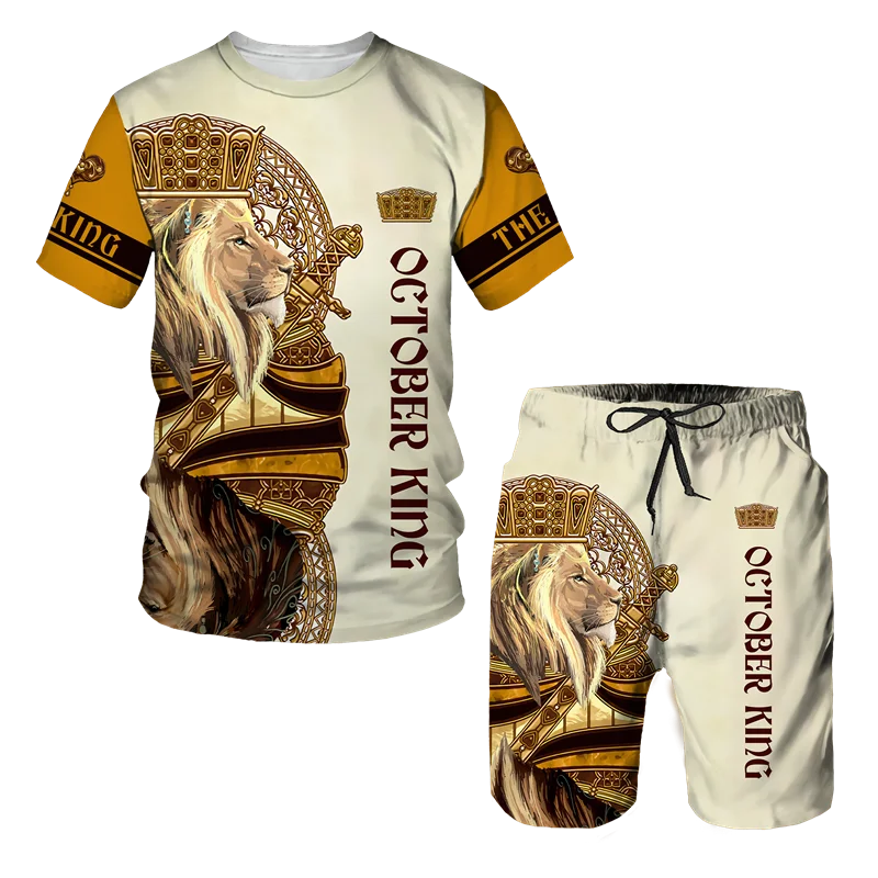 Man Summer Sportswear Set Clothes T-Shirt Shorts Jogging Sports Sets Trend Lion Tiger Printing Tracksuits Male Activewear Suit