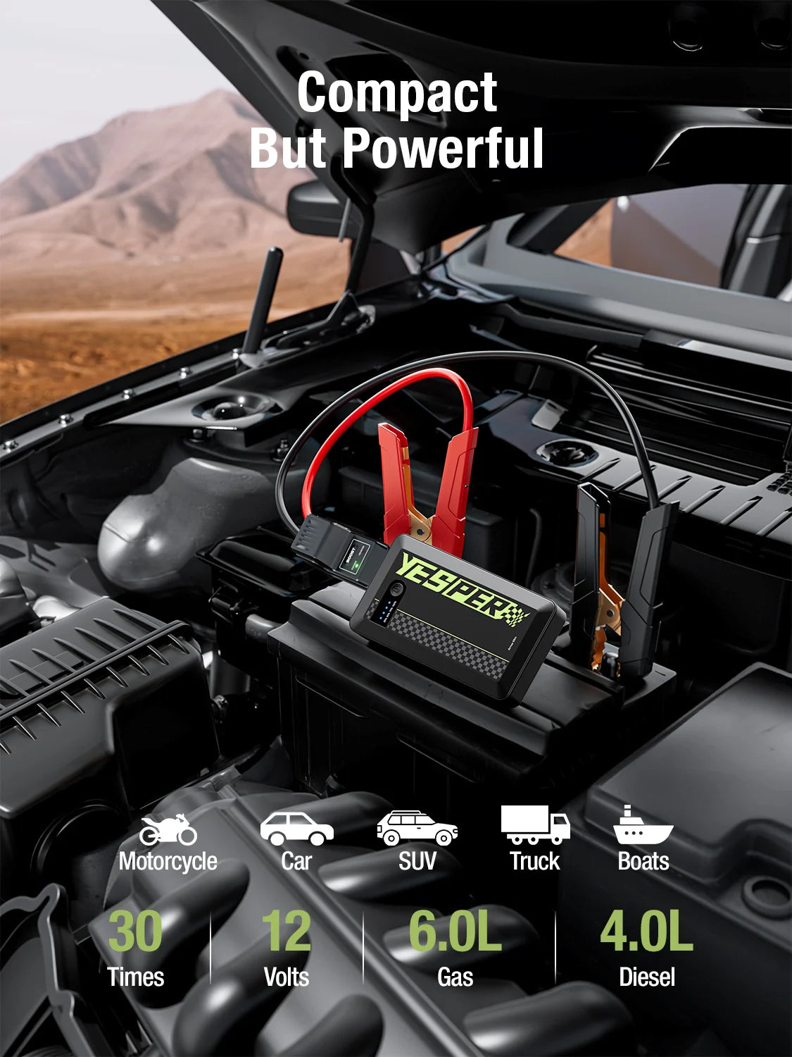YESPER Booster For Car Start) ,1200A Starting device (up to 6.0L gas and 4.0L diesel engines 0.7 pound Mini Portable Jump start