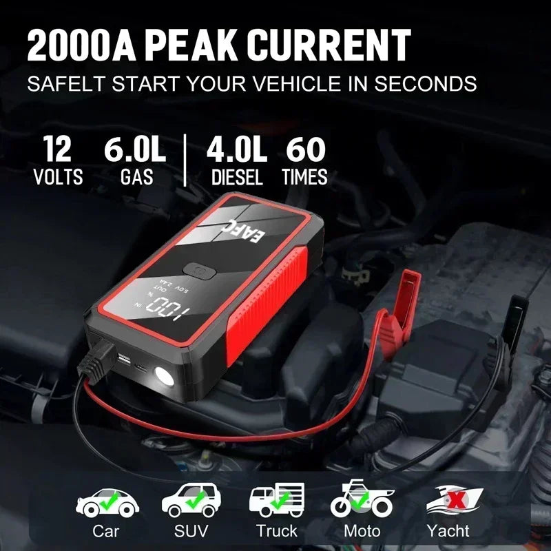 Car Jump Starter 2000A Battery Charger 1200A/1000A Emergency Start-up Lighting Power Bank Car Booster for 12V Vehicles Starting