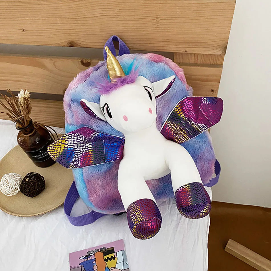 Cute Toddler Kids Winter Fur Unicorn Backpack for Littler Girls Cartoon Back Pack Children Kindergarten Schoolbag Shoulders Bag