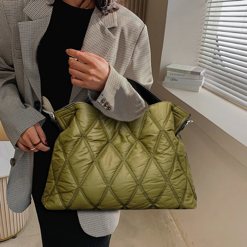Rhombic Lattice Shoulder Bag Elegant Autumn Winter Female Tote Bags Simple Fashion Soft Warm Nylon Portable for Party Shopping