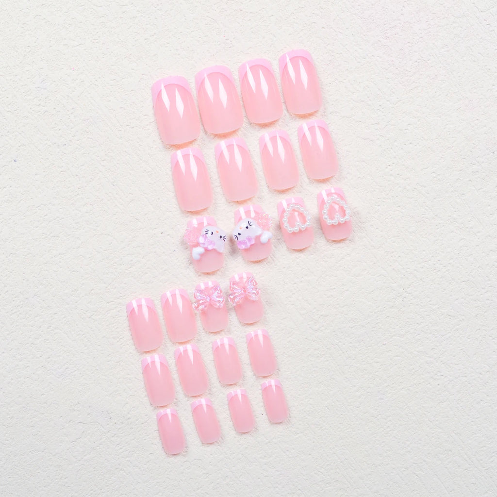 24 Medium Square Nail Pink French Cute Cartoon Cat White Love Camellia Nail Patch Jelly Powder Bow Wear Nail Set