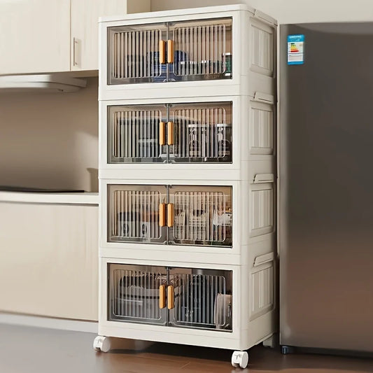 Stackable Practical Storage Cabinet with Doors and Wheels - Spacious Multi-functional Plastic Organizer - Practical Storage Rack
