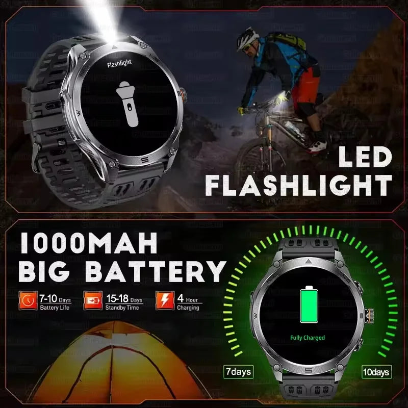 2026 New Military Smart Watch 1000Mah Battery GPS trace Compass 10ATM Waterproof Tactics Sport Flashlight call Smart Watch Men