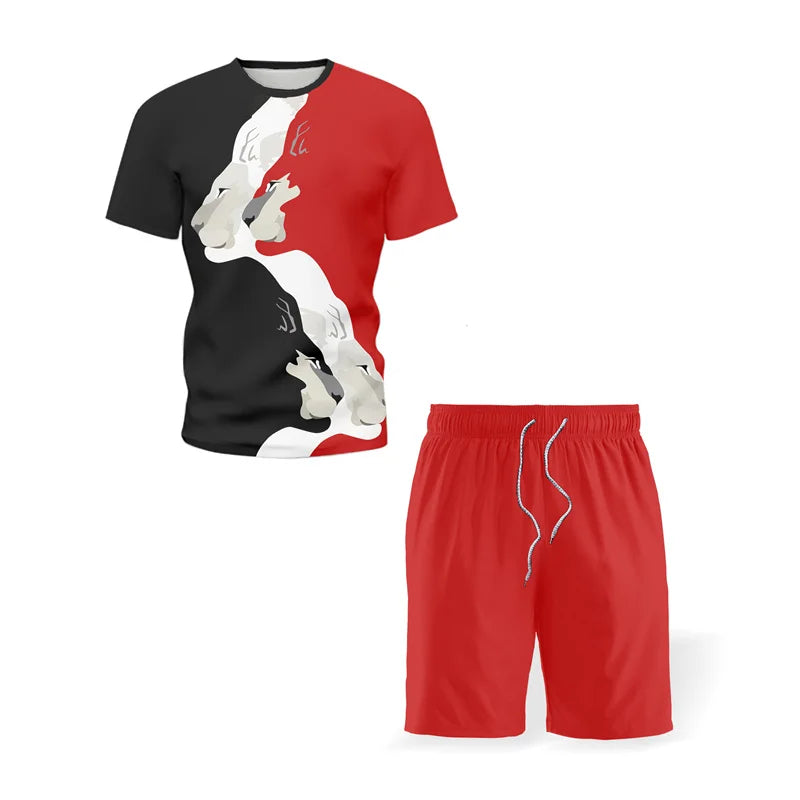 Man Summer Sportswear Set Clothes T-Shirt Shorts Jogging Sports Sets Trend Lion Tiger Printing Tracksuits Male Activewear Suit