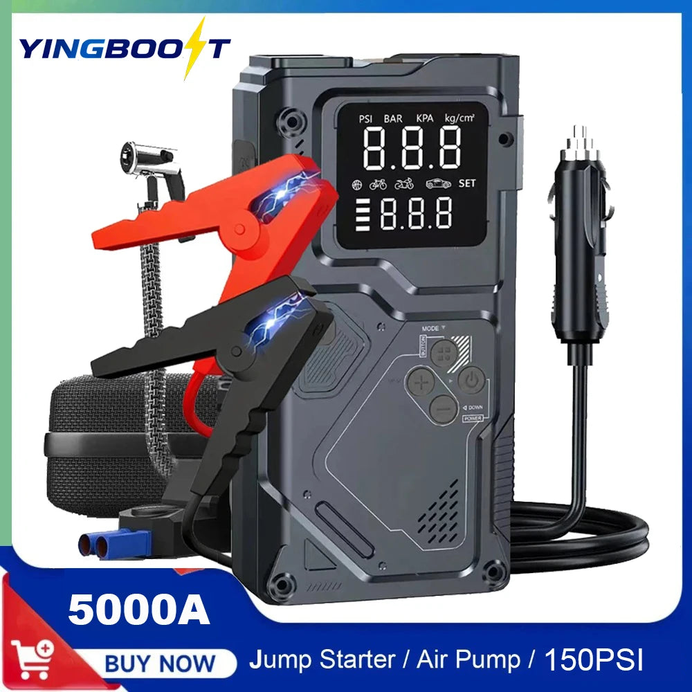 YINGBOOST Car Jump Starter with Air Pump Peak 5000A Booster &150PSI Tire Inflator with DC Power Cord Power Bank 400LM LED Light