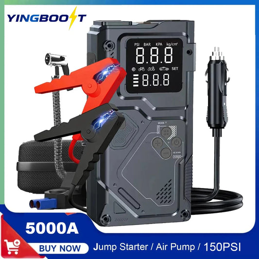 YINGBOOST Car Jump Starter with Air Pump Peak 5000A Booster &150PSI Tire Inflator with DC Power Cord Power Bank 400LM LED Light