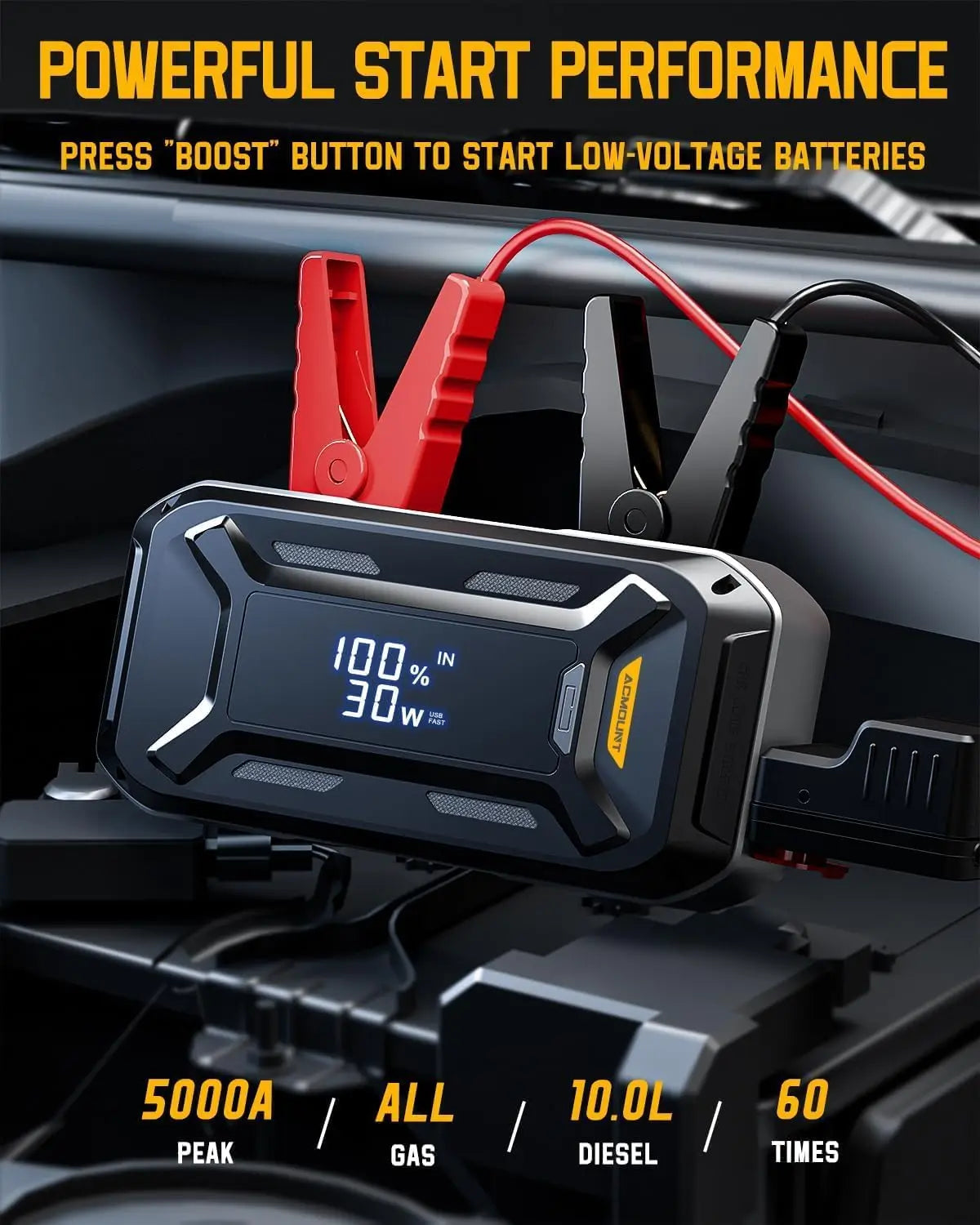 5000A Car Jump Starter, 12V Portable Battery Booster Power Bank for Gasoline & Diesel Vehicles Emergency Starting